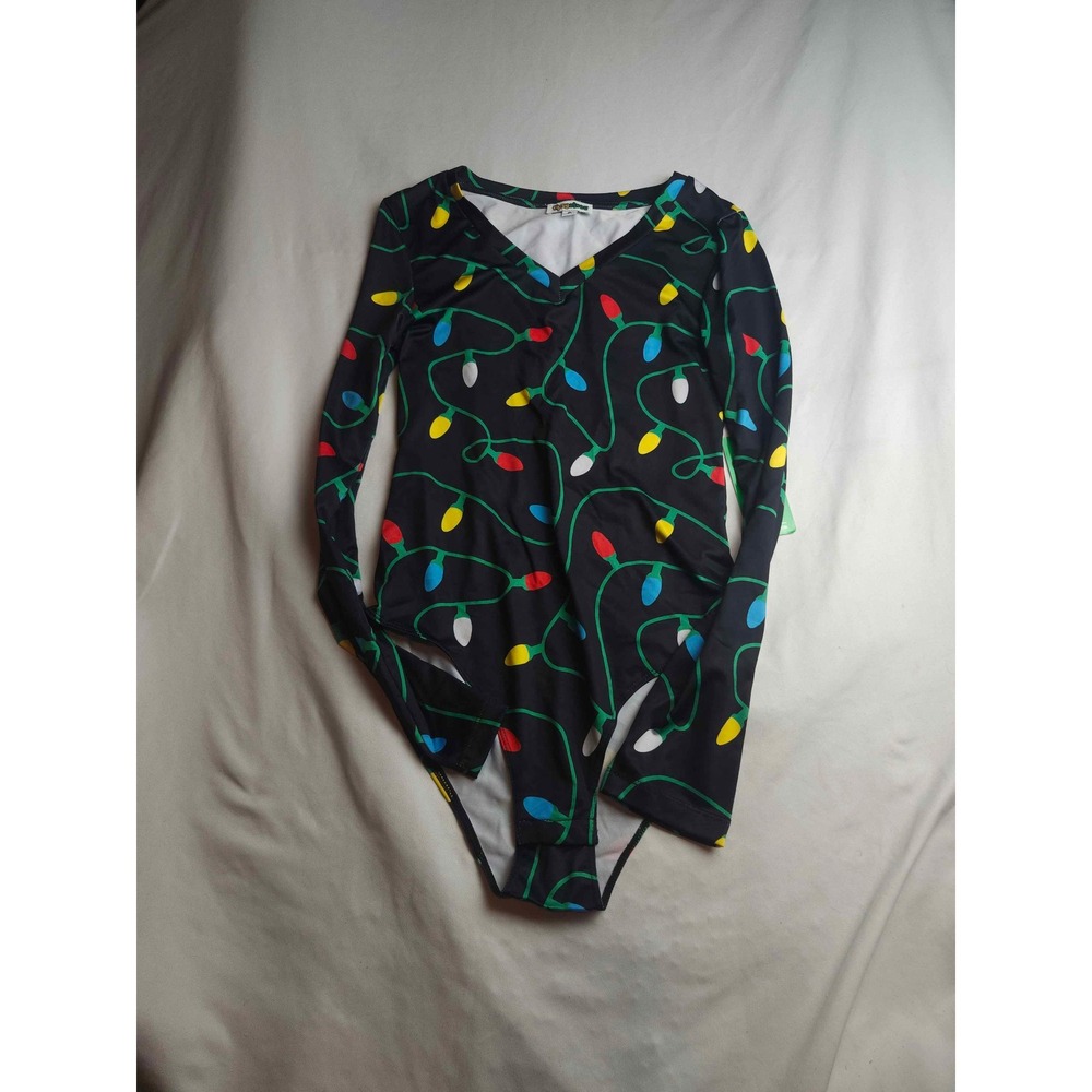 Tipsy Elves Womens Christmas Lights Bodysuit Long Sleeve V-Neck Black Medium NEW